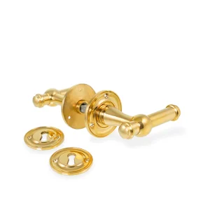 Ordrup-dörrhandtag i blank mässing inkl. rosett och nyckelplatta (liten modell)  • SIBES